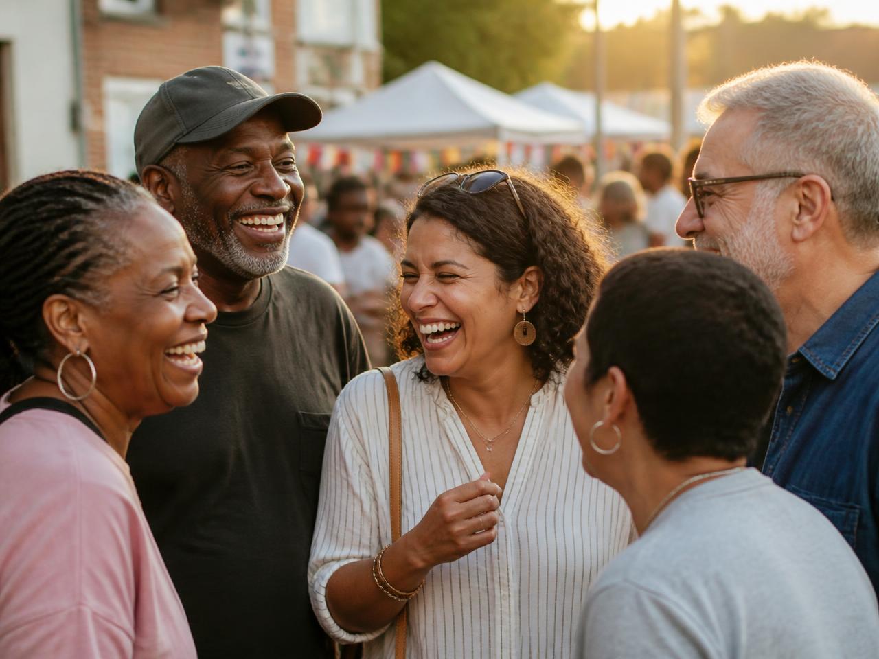 Neighbors laughing together at a community gathering